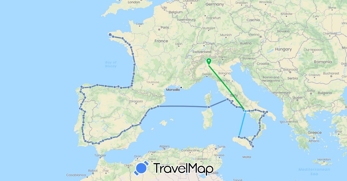 TravelMap itinerary: driving, bus, cycling, boat in Spain, France, Italy, Portugal (Europe)